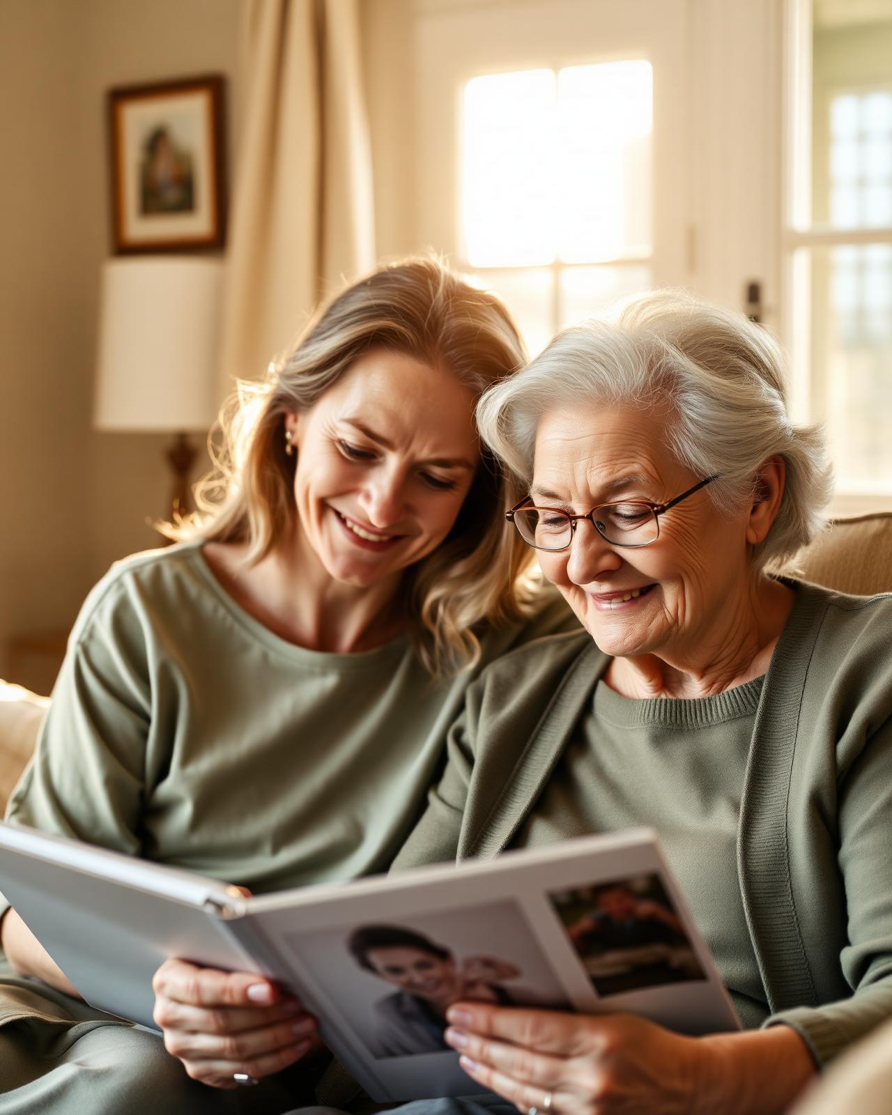 Caregiver and senior woman looking through a photo album together in a sunlit living room